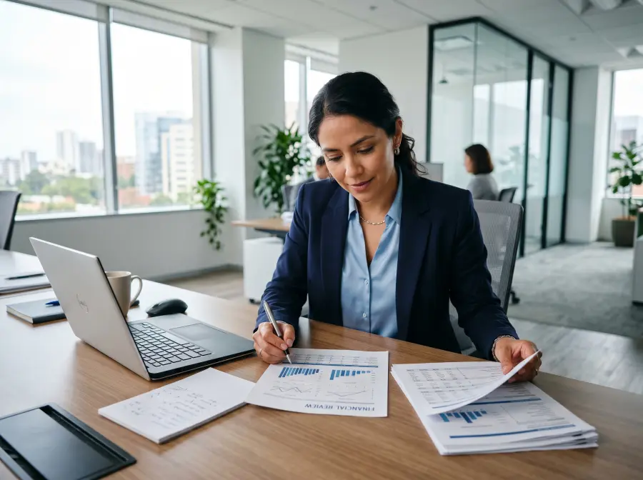 Auditor examinando estados financieros y gráficas para diagnosticar la empresa