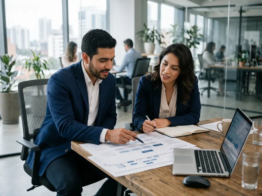 Consultores planeando la estrategia de un negocio con diagramas y un organigrama